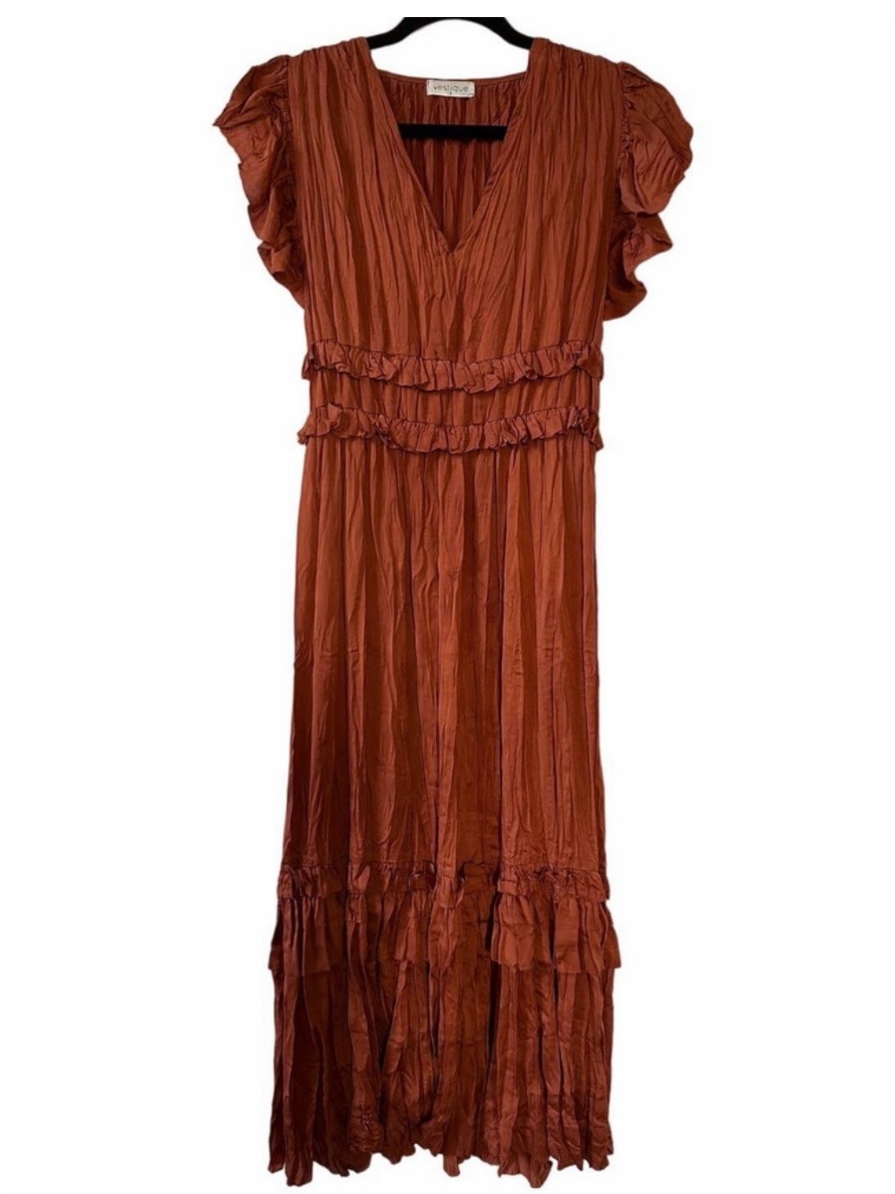 vestique Rust Ruffle V-Neck Maxi Dress